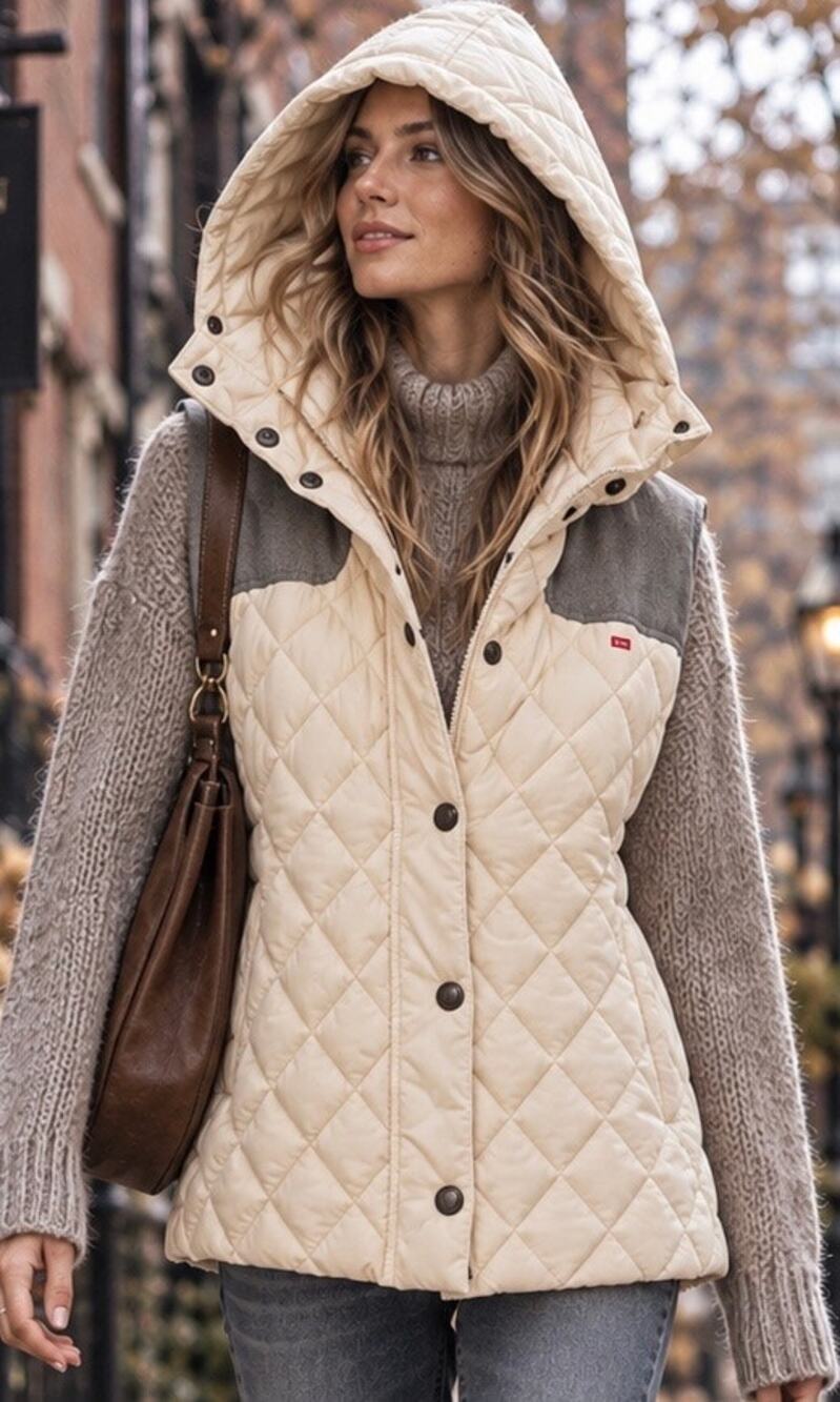 Tommy Hilfiger Ivory Quilted Hood Vest Gray Yoke Plaid Lined Preppy Medium NWOT